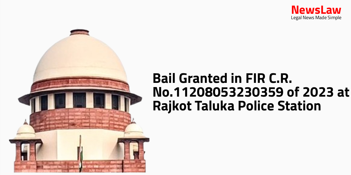 Bail Granted in FIR C.R. No.11208053230359 of 2023 at Rajkot Taluka Police Station