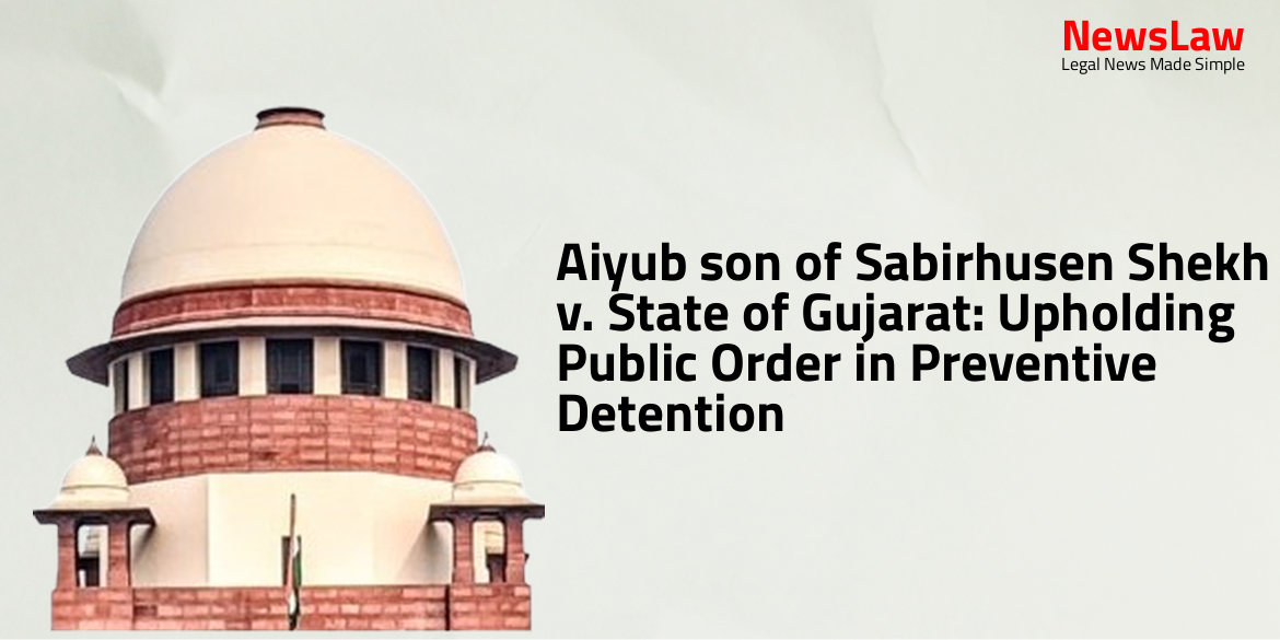 Aiyub son of Sabirhusen Shekh v. State of Gujarat: Upholding Public Order in Preventive Detention